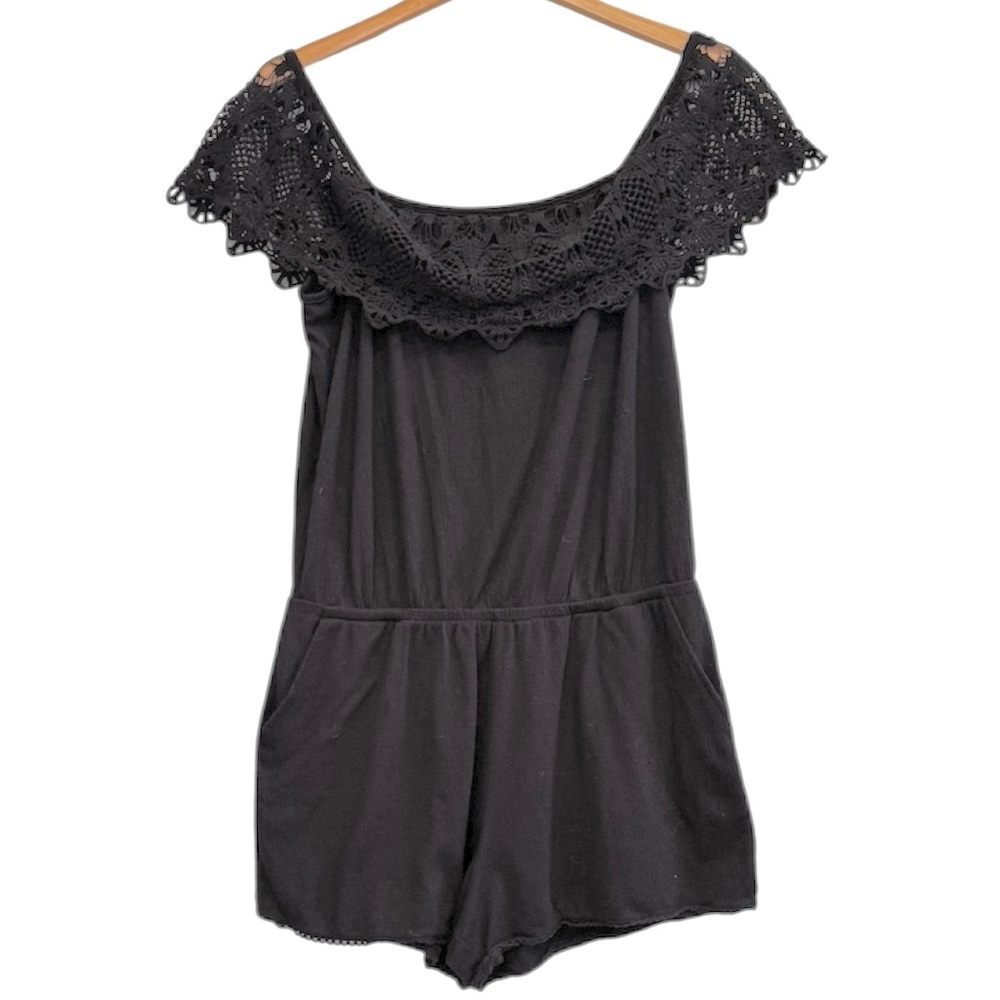 π 6/$60 Jessica Simpson Onesie Pockets Off Shoulder Black Lace Trim Size XL - Picture 1 of 8